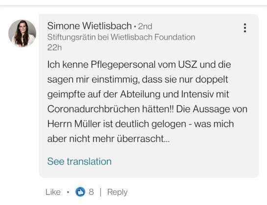 Z�rich Unispital
                    20.8.2021: In der Coronaabteilung sind NUR doppelt
                    GENgeimpfte - die armen Teufel: Levy, Berset und
                    alle MoSSad-Journalisten L�GEN, wenn sie behaupten,
                    die GENimpfung w�rde sch�tzen