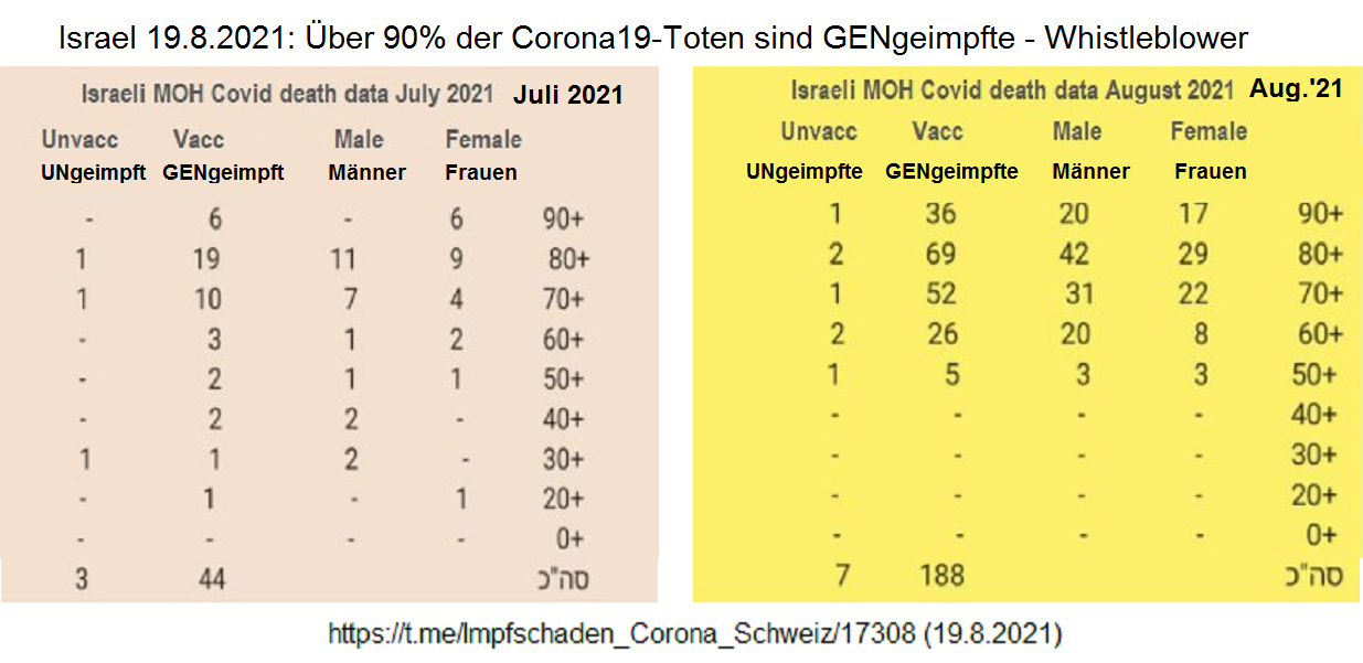 GENimpfmorde Israel 19.8.2021: GENgeimpfte sterben
                an Corona19 wie die Fliegen - �ber 90% GENgeimpfte -
                Daten vom Juli + August 2021