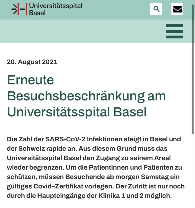 Diskriminierung
                                        Fascho-Schweiz 21.8.2021:
                                        Unispital Basel lässt gesunde
                                        UNgeimpfte ohne Sinnlos-Test
                                        nicht mehr rein