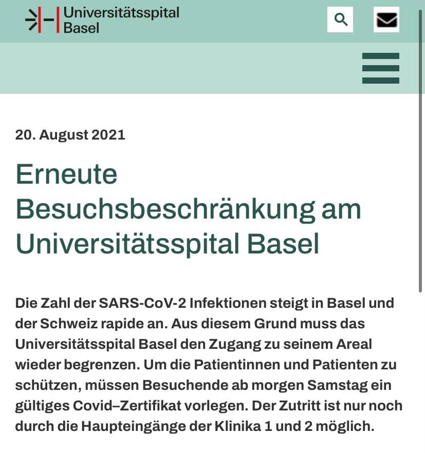 Diskriminierung
                                        Fascho-Schweiz 21.8.2021:
                                        Unispital Basel l�sst gesunde
                                        UNgeimpfte ohne Sinnlos-Test
                                        nicht mehr rein