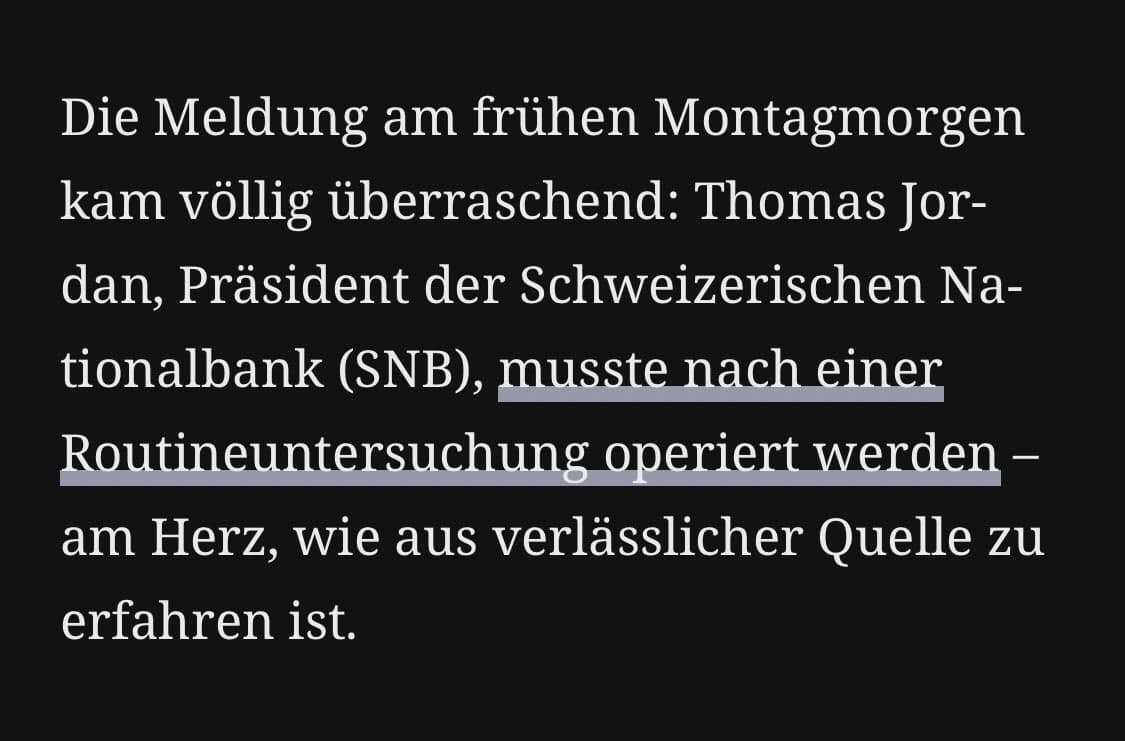 GENimpfschaden
                    Schweiz 24.8.2021: Herz-OP am Wochenende bei Thomas
                    Jordan, Pr�sident der "Nationalbank"