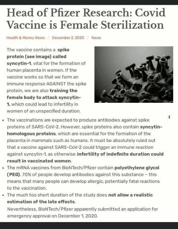 Pfizer-Todesspritze 26.8.2021: Leiter der
                  Pfizer-Forschung: Covid-Impfungen bewirken
                  Sterilisierung der Frauen: Head of Pfizer Research:
                  Covid Vaccine is Female Sterilization