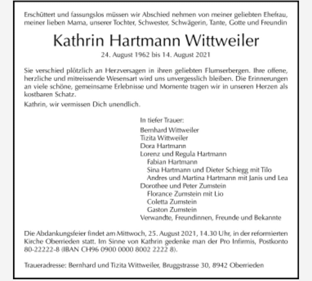 GENimpfmord
                    27.8.2021: Kathrin Wittweiler (unter 60) stirbt an
                    Herzversagen