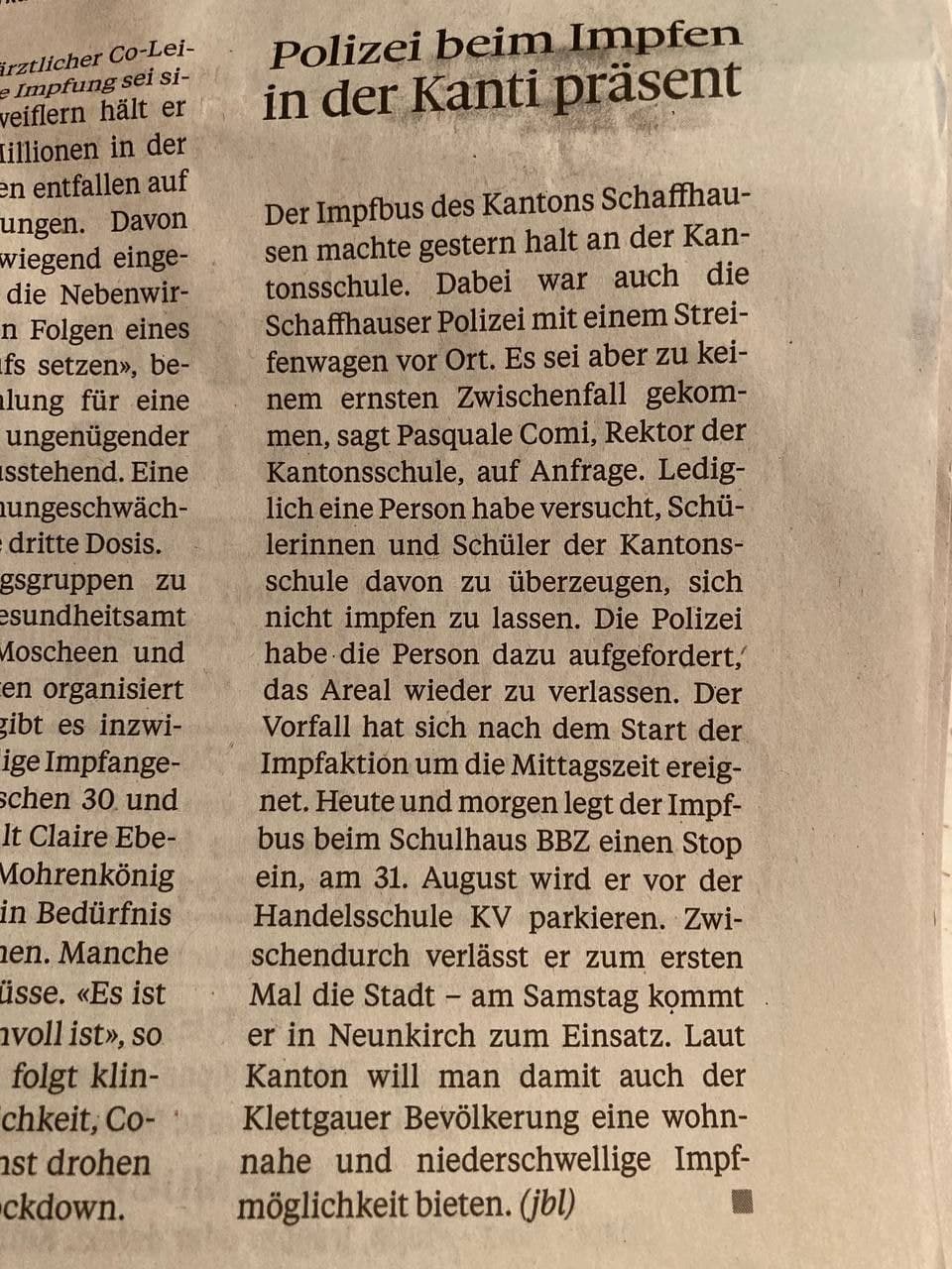GENimpfungen gegen Kinder
                  Schaffhausen 25.8.2021: GENimpfbus muss mit
                  Polizeischutz an Gymnasium kommen
