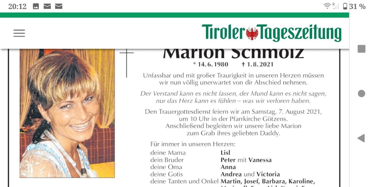 GENimpfmord Österreich
                    29.8.2021: Marion Schmolz ist mit 41 Jahren
                    "völlig unerwartet verstorben"