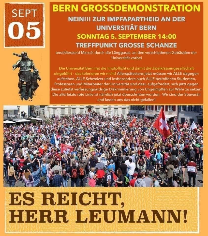 Widerstand Bern
                  31.8.2021: Der Fascho Leumann (Uni-Rektor mit
                  3G-Diskriminierung) soll endlich in die
                  Wahrheits-Nachhilfe