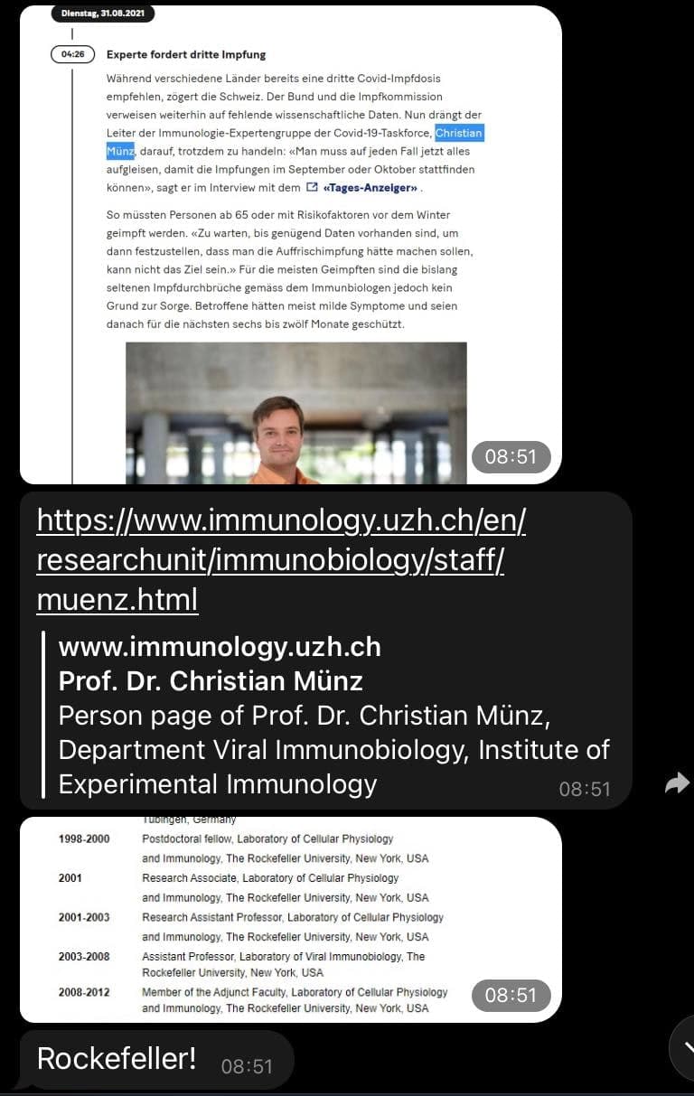 GENimpfwerbung
                          Unispital Z�rich 31.8.2021: Dr. Christian M�nz
                          von der "Taskforce" ist ein
                          Rockefeller-Anh�nger - und will allen die 3.
                          Todesimpfung geben!