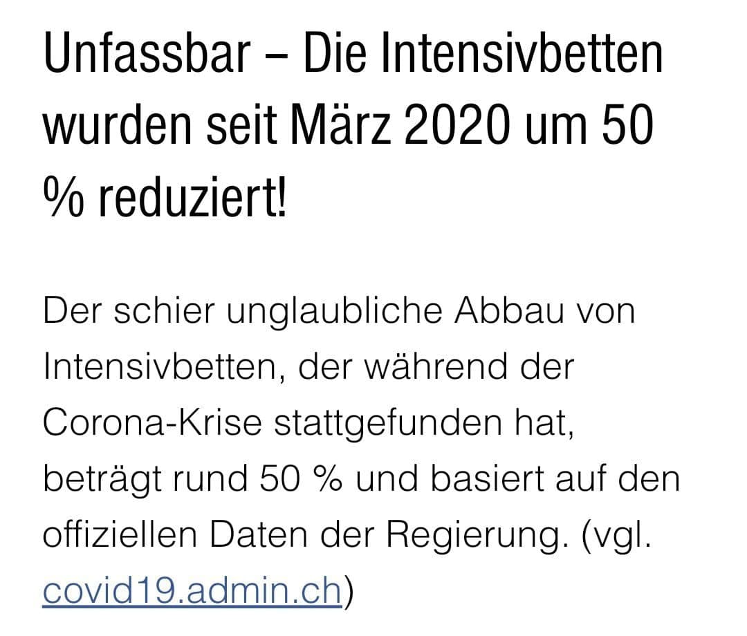 Spitaldesaster Schweiz 31.8.2021: Seit M�rz
                        2020 hat der kr. Freimaurer Berset die
                        Intensivbetten um 50% reduziert