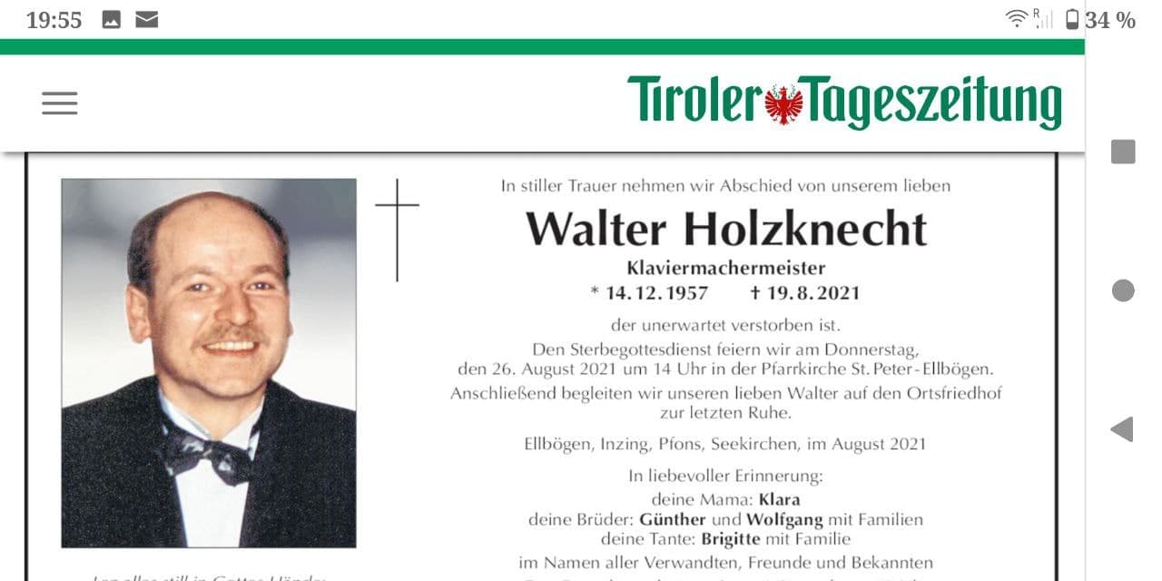 GENimpfmord �sterreich 29.8.2021:
                      Walter Holzknecht: "Unerwartet
                      verstorben" 64 Jahre alt