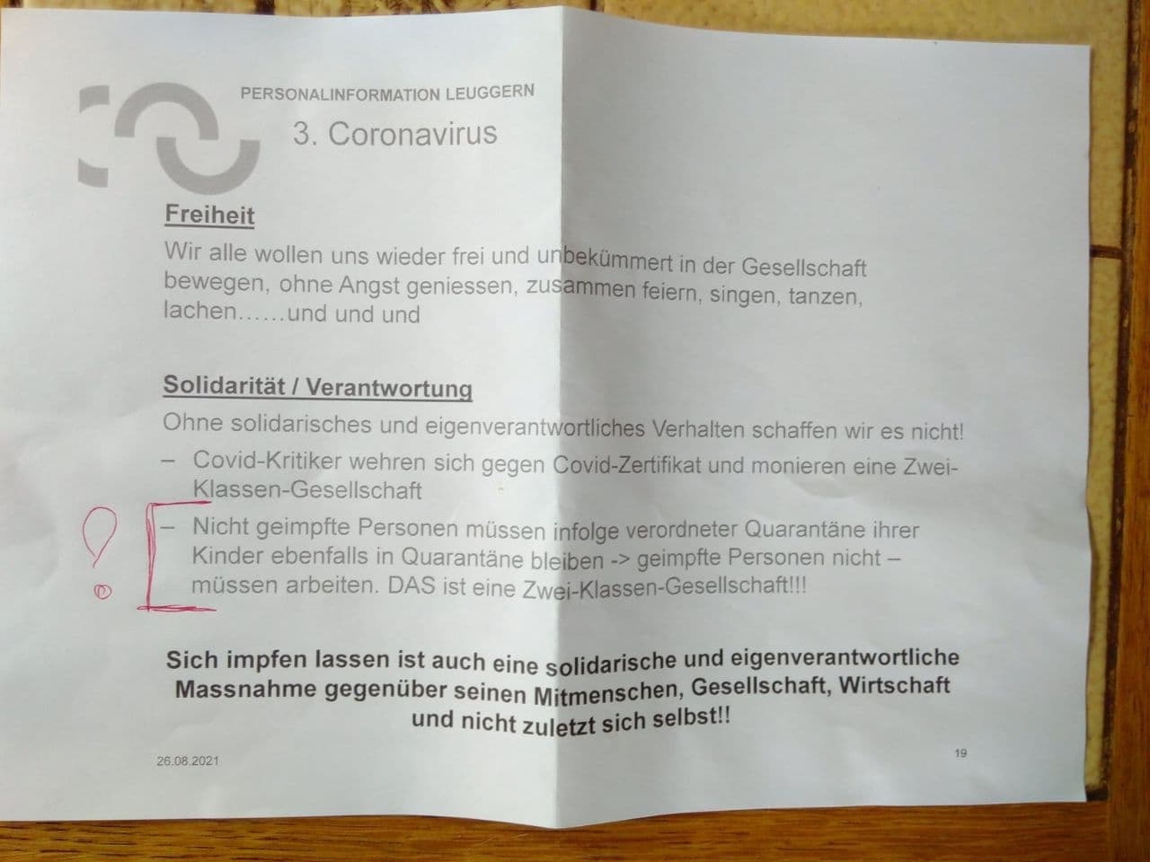 GENimpfpropaganda in Leuggern (Kanton
                        Aargau) 31.8.2021: Die t�dliche GENimpfung soll
                        ein Akt der "Solidarit�t" sein???