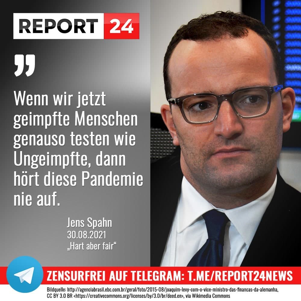 Krimineller Satanist Spahn 2.9.2021: Er will die
                  infekti�sen GENgeimpften NIE mehr testen lassen, damit
                  die Epidemie "aufh�rt"