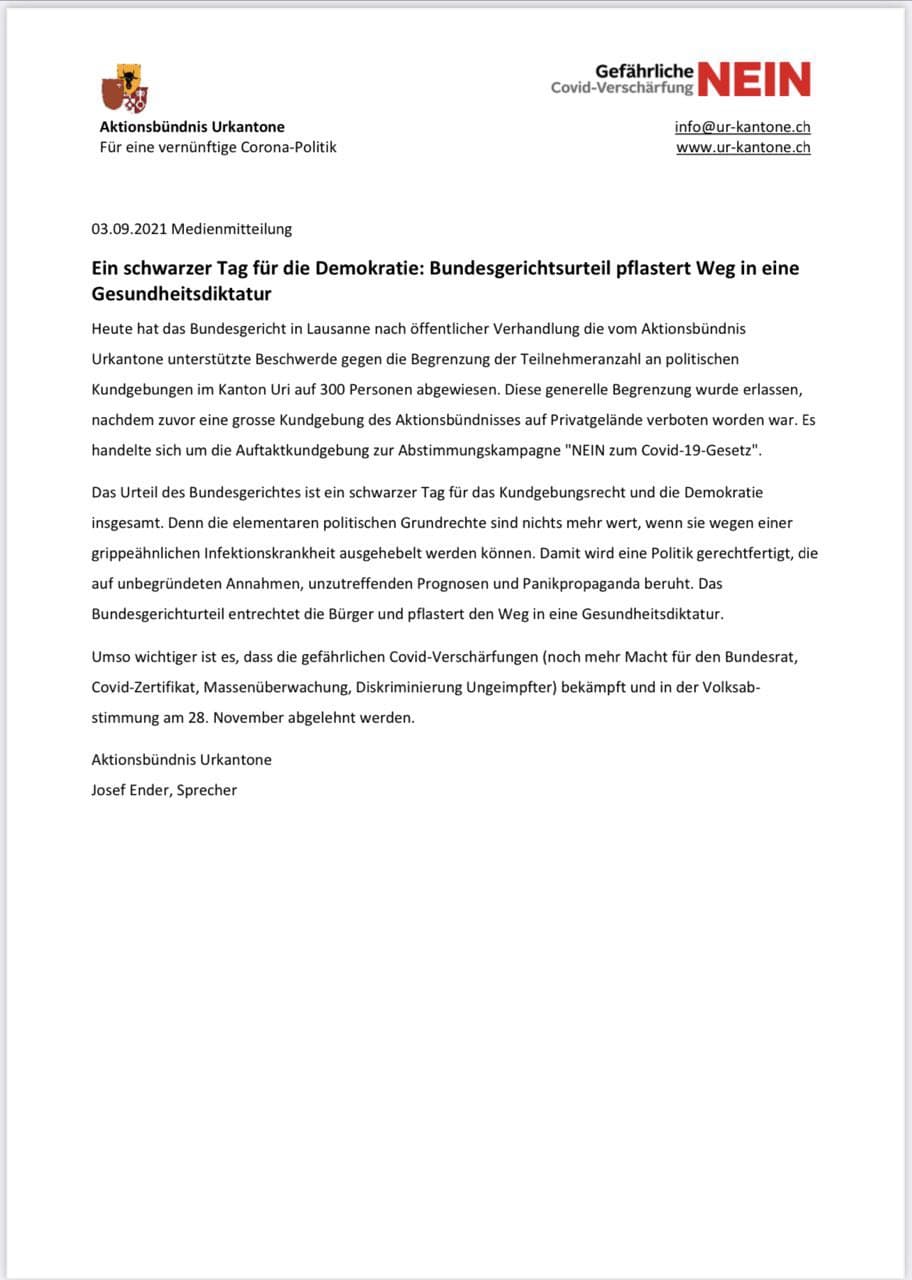Kriminelles
                  Bundesgericht Lausanne 3.9.2021: Kanton Uri kann
                  Demonstrationen auf 300 Leute beschr�nken - ist
                  Willk�r
