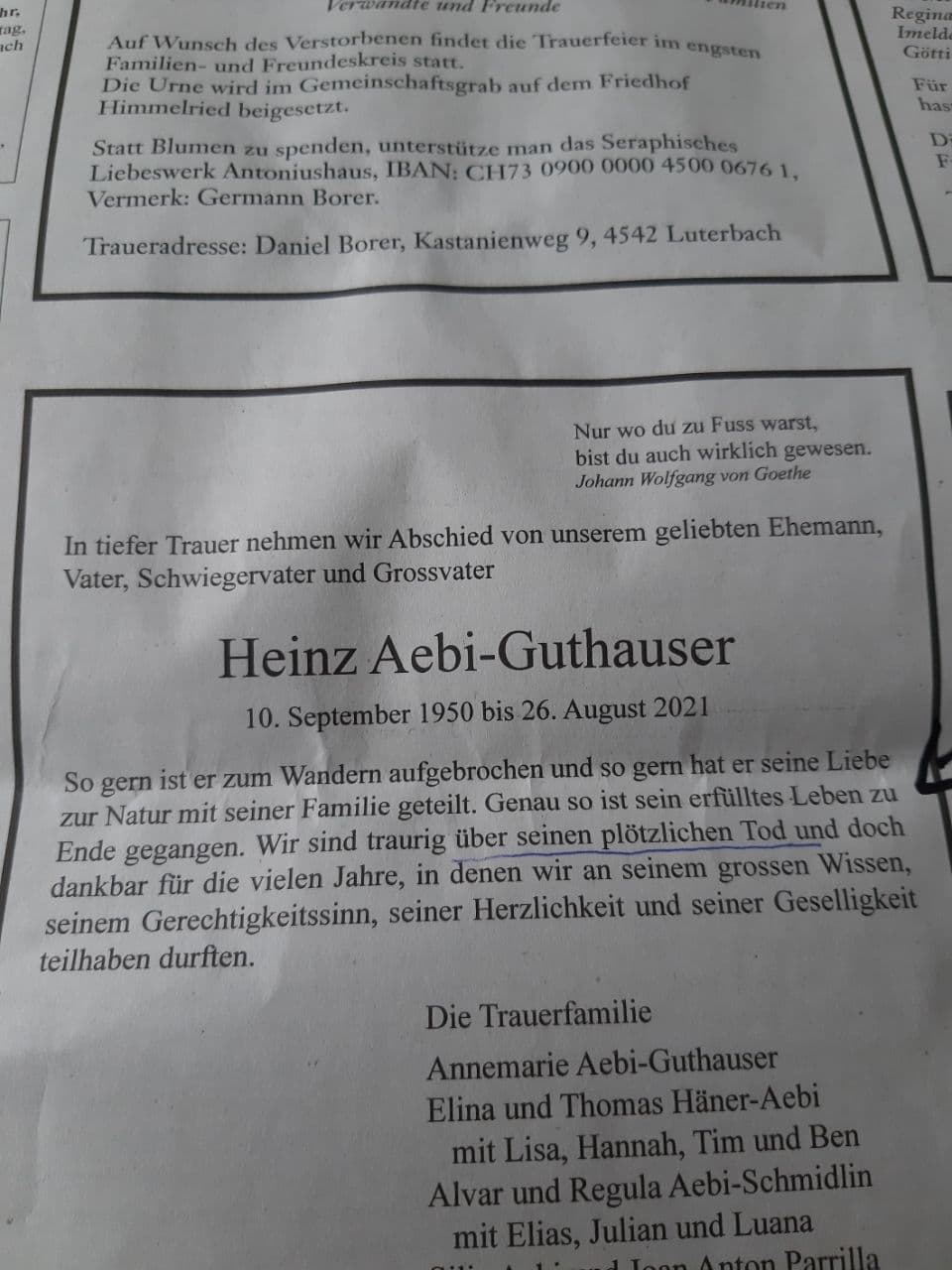 Verdacht GENimpfmord
                  10.9.2021: Pl�tzlich verstorben - Heinz Aebi