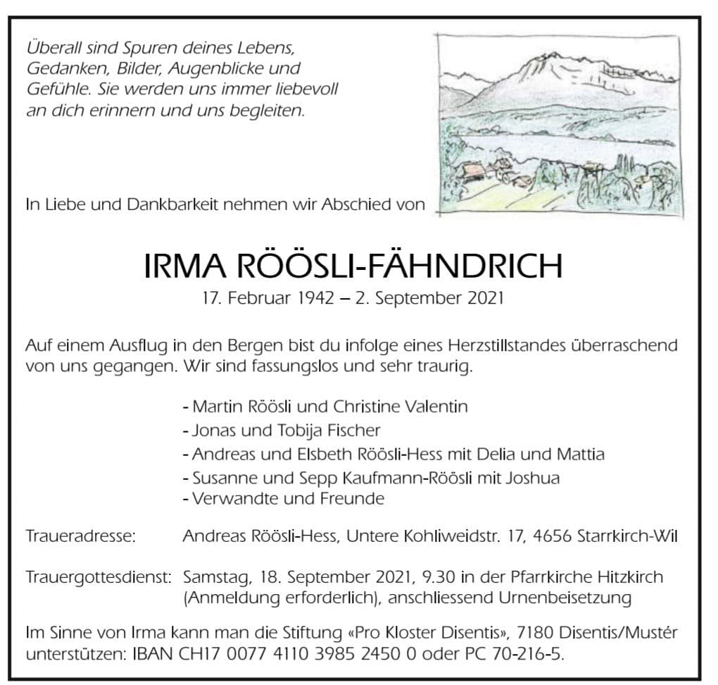 Verdacht GENimpfmord Schweiz 8.9.2021: Tod durch
                  Herzstillstand in den Bergen - Irma R�sli 83 Jahre
                  "�berraschend von uns gegangen"