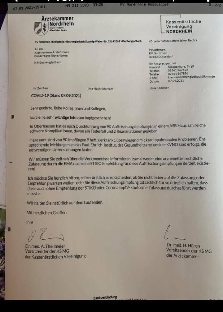 Widerstand NRW 17.9.2021:
                    �rztekammer Nordrhein warnt vor t�dlicher Wirkung
                    der 3. GENimpfung