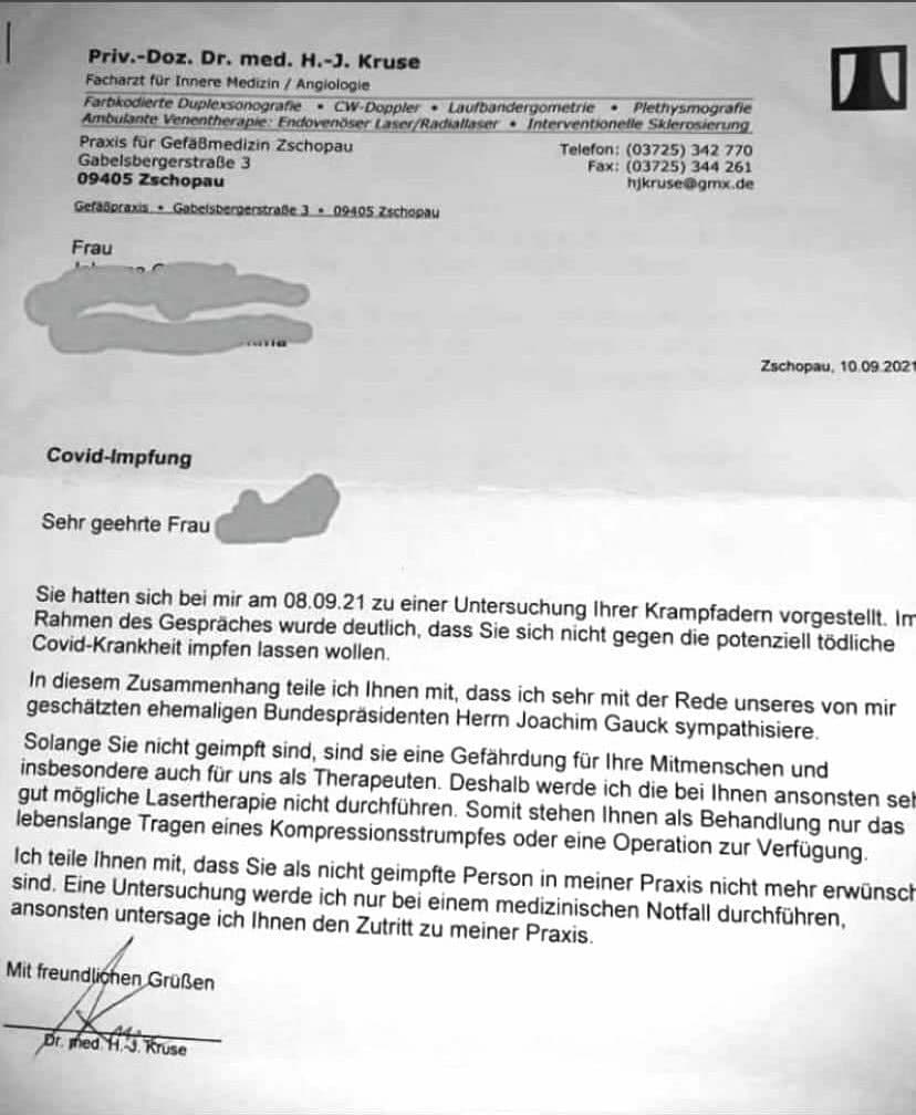 Diskriminierung von UNgeimpften (Apartheid)
                17.9.2021: Arzt Kruse behandelt keine UNgeimpften mehr