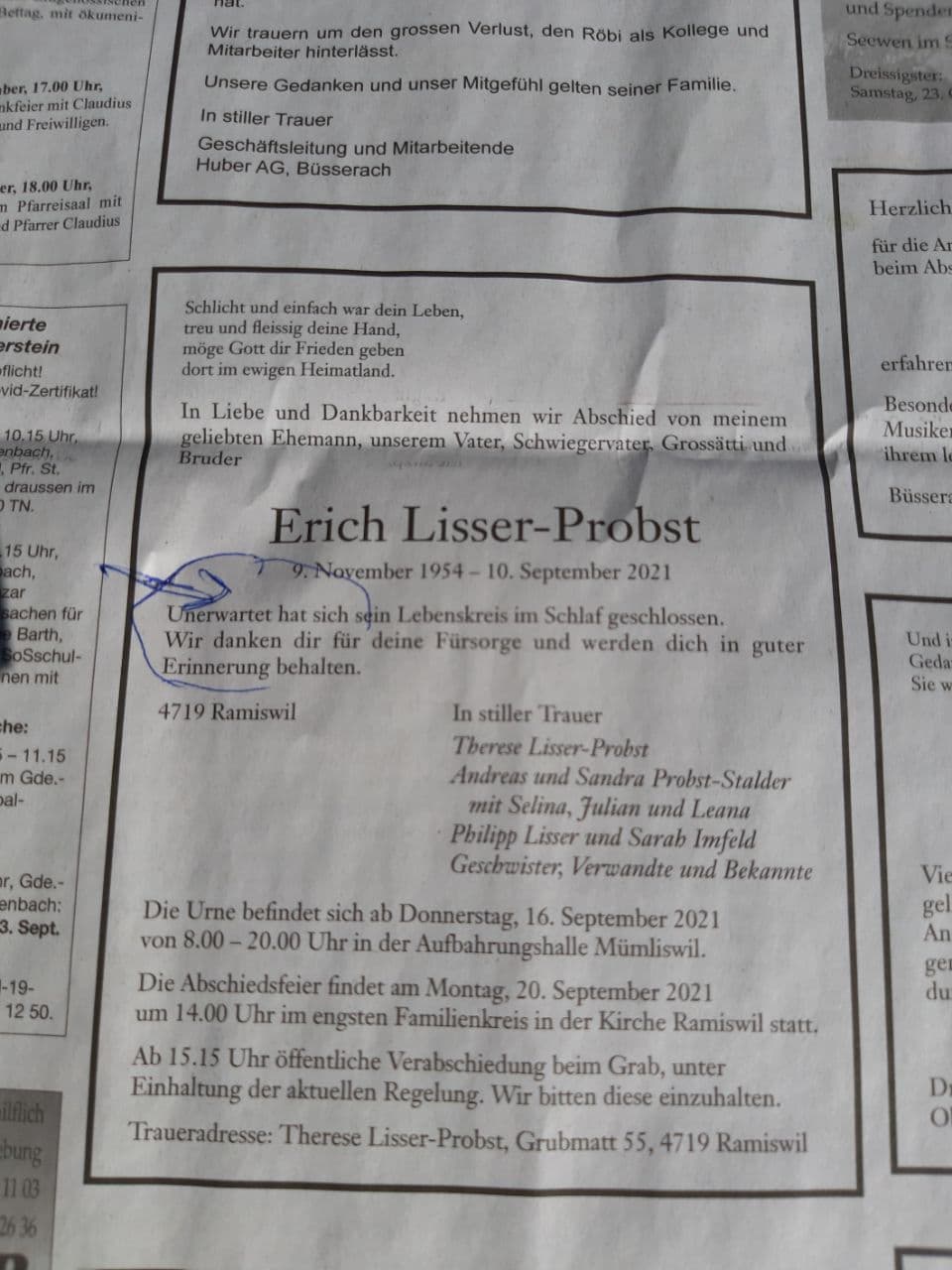 GENimpfmord 18.9.2021: Todesanzeige von
                          Erich - er starb "unerwartet"