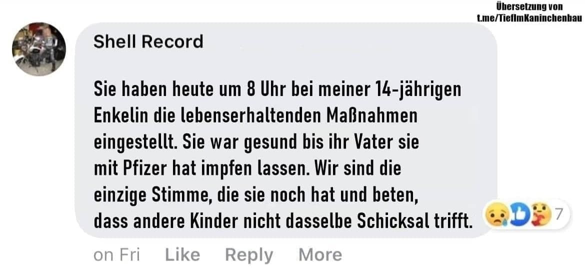 GENimpfmord Schweiz
                  20.9.2021: Tochter (14) stirbt an GENimpfung