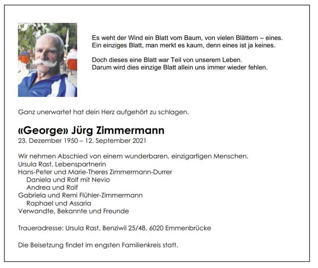 GENimpfmord 18.9.2021: Todesanzeige eines
                        Zimmermann: Ganz unerwartet Herzstillstand