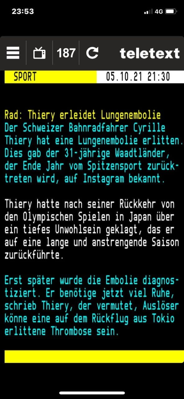 Verdacht GENimpfschaden in der Fascho-Schweiz
                  6.10.2021: Radrennfahrer Thiery hat Lungenembolie mit
                  31