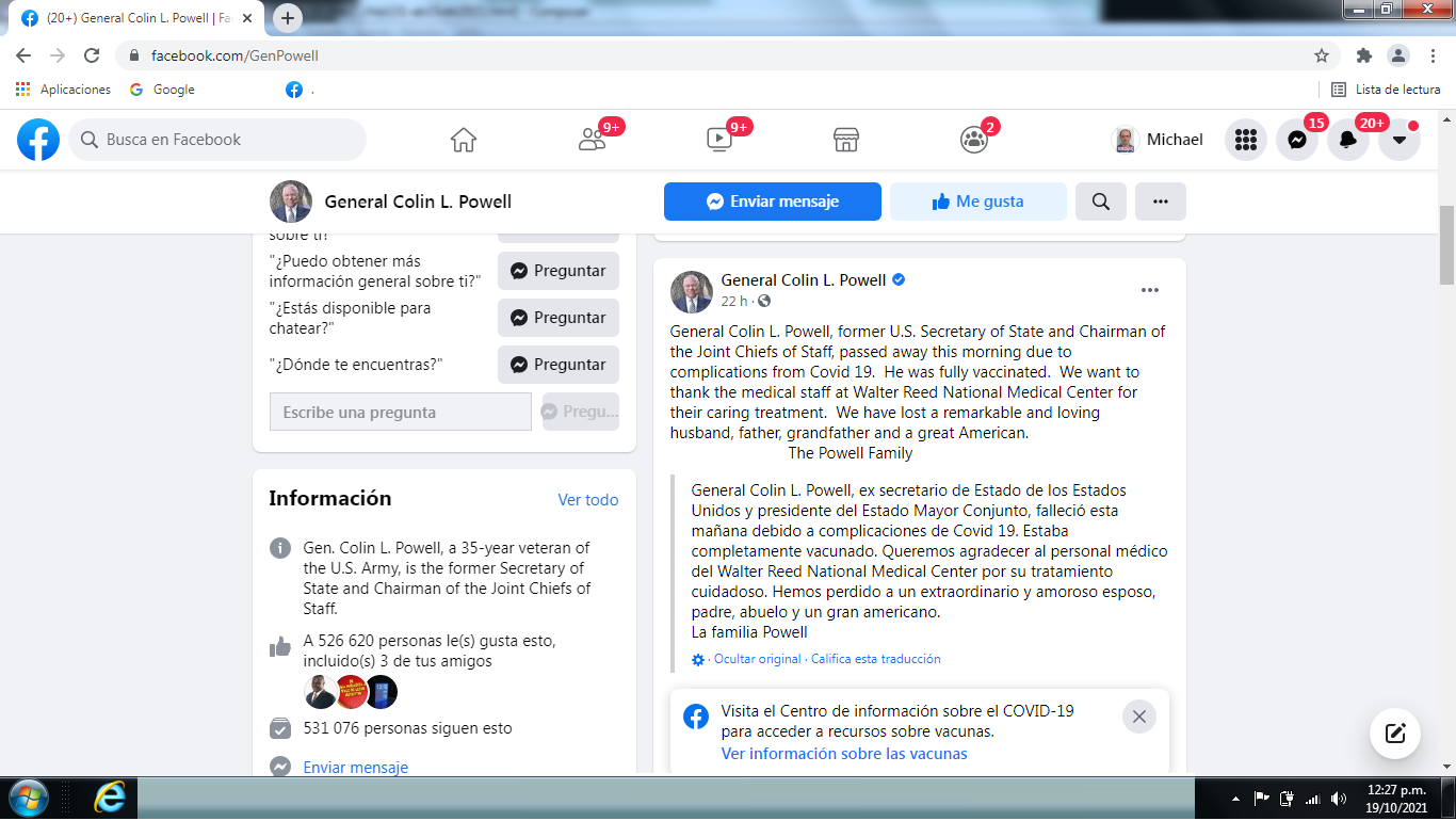 Massenm�rder und L�gner
                  Colin Powell 2fach GENgeimpft stirbt an Komplikationen
                  durch Corona, sein Facebook am 19.10.2021