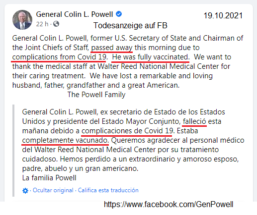 Massenm�rder und
                  L�gner Colin Powell 2fach GENgeimpft stirbt an
                  Komplikationen durch Corona, sein Facebook am
                  19.10.2021, Zoom