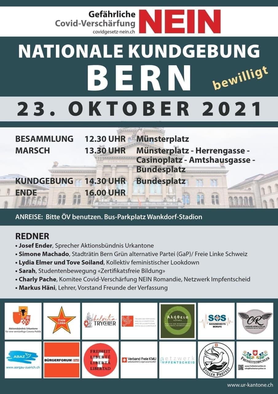 Widerstand Schweiz
                  22.10.2021: Demo in Bern am 23.10.2021 um 12:30 Uhr