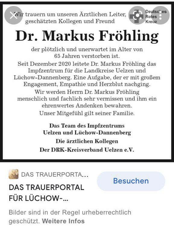 Verdacht GENimpfmord im
                  GENimpfzentrum �lzen+L�chow (4R) 31.10.2021: Der
                  Leiter Dr. Fr�hling ist weg mit 65