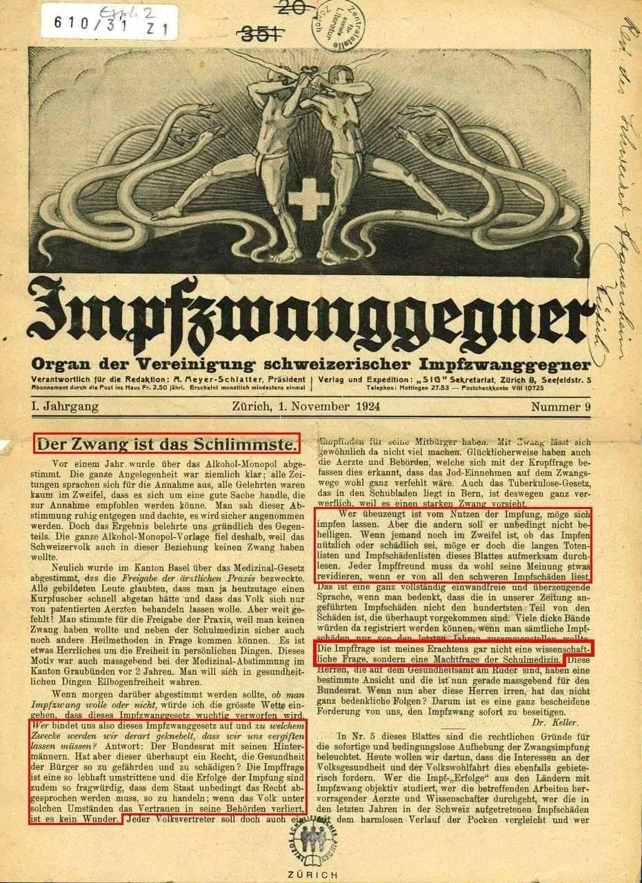 Widerstand Schweiz 31.10.2021: Zeitschrift
                  "Der Impfzwanggegner" gab es schon 1924