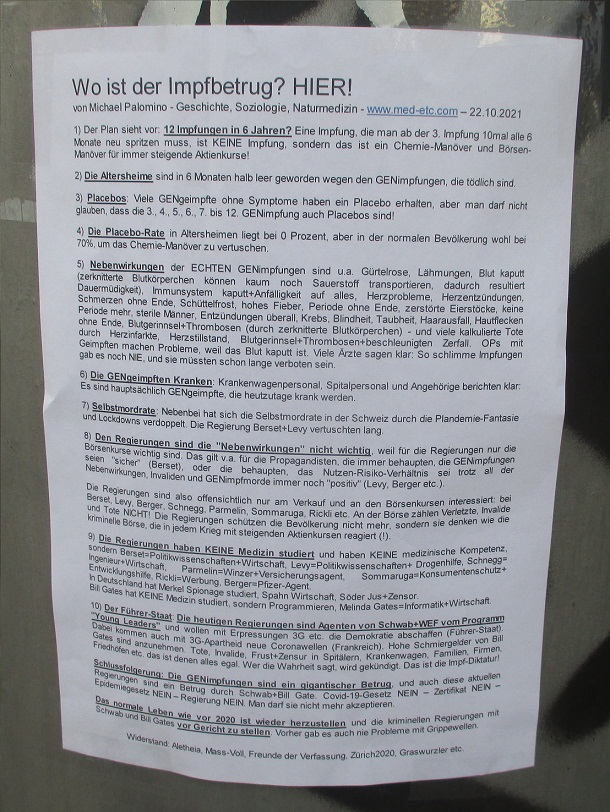 Warnungen in Z�rich 30.10.2021: Infoblatt
                  "Wo ist der Impfbetrug? Hier!" Zoom
