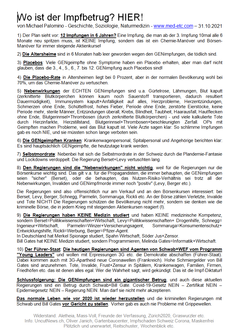 Widerstand Schweiz 31.10.2021:
                  Merkblatt "Wo ist der Impfbetrug? HIER! - Version
                  2 vom 31.10.2021