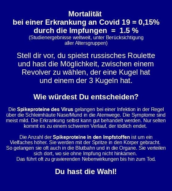 Zahlen GENimpfmorde 17.11.2021:
                Corona-Todesrate 0,15% pro Erkrankungen -
                GENimpfung-Todesrate 1,15% pro Erkrankung