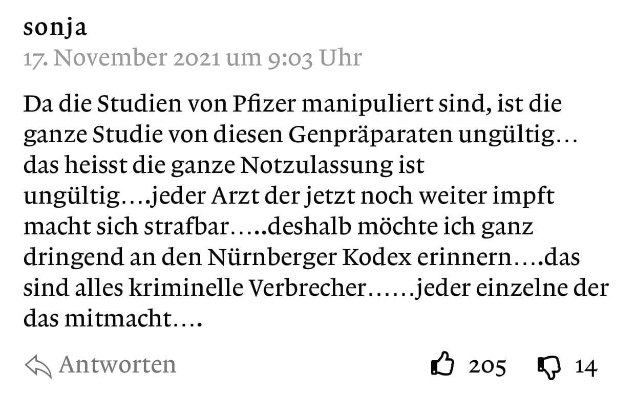 Kriminelle �rzte 17.11.2021: die jetzt noch
                  GENimpfungen von Pfizer spritzen, sind hochkriminell,
                  weil sie wissen, dass die Pfizer-Studien GEF�LSCHT
                  sind