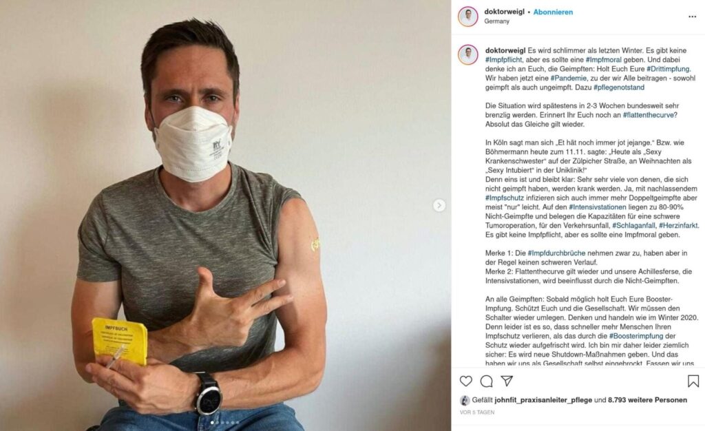 Dr. Weigl, Intensivmediziner auf
                einer Intensivstation, wirbt derweil schon f�r die
                Drittimpfung