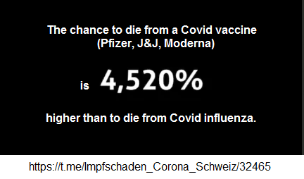 Die Chance, an einer
                  GENimpfung wie Pfizer, J&J oder Moderna zu sterben
                  ist 4520mal h�her, als an Corona-Grippe zu sterben