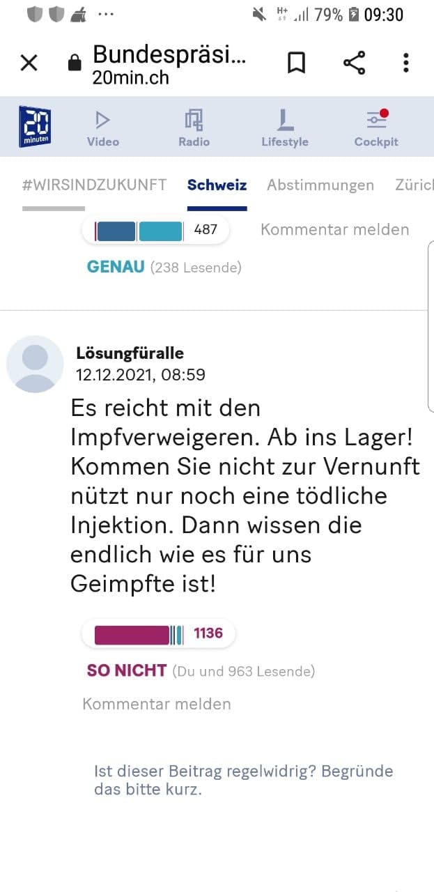 Diskriminierung von gesunden
                  UNgeimpften 12.12.2021: Hetze im Antifa-Pharma-Bravo
                  20minutten gegen Ungeimpfte