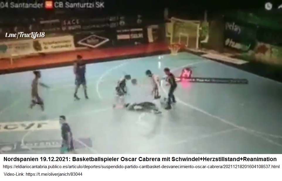 GENimpfschaden bei Sportlern in Spanien 19.12.2021:
                Oscar Cabrera bricht vor dem Basketkorb zusammen -
                Herzstillstand - wurde reanimiert: