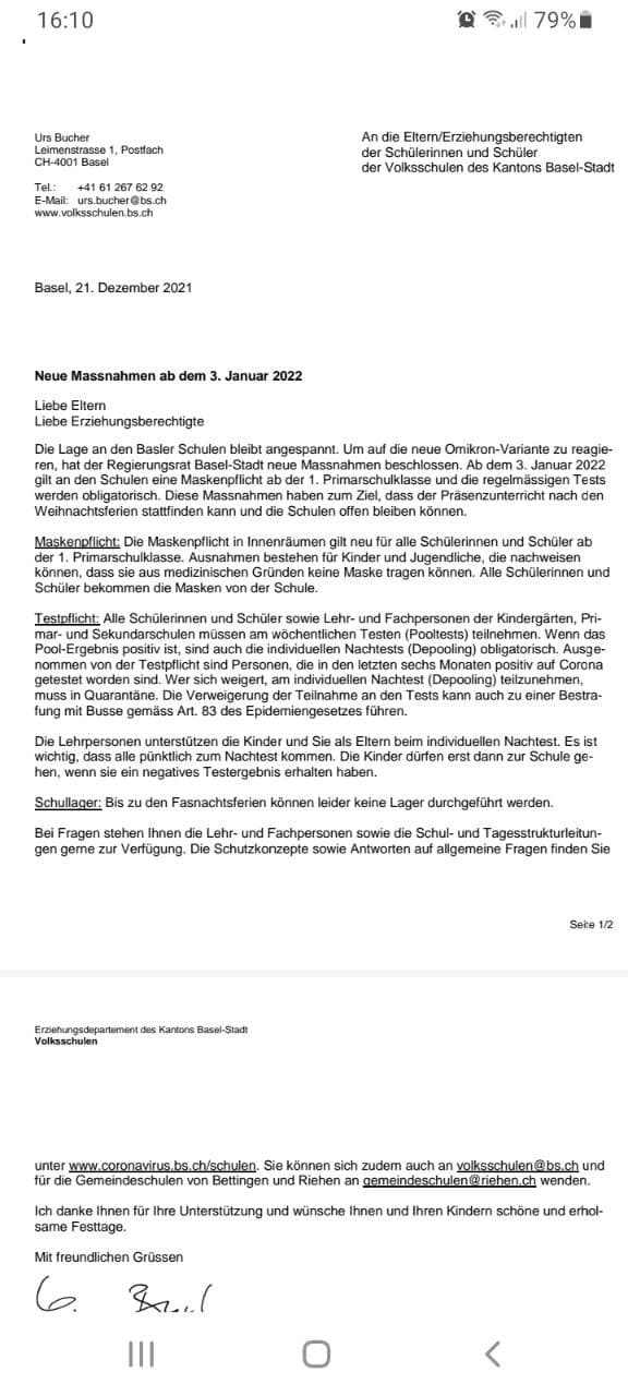Testwahn im
                  Erziehungsdepartement Basel-Stadt 21.12.2021: Kinder
                  mit Maske+Test - und wer nicht spurt, soll Geldbusse
                  zahlen - Agent: urs.bucher@bs.ch