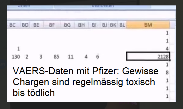 Video
                            26.12.2021: VAERS-Daten mit Pfizer: Gewisse
                            Chargen sind regelm�ssig toxisch bis t�dlich
                            (1min.)