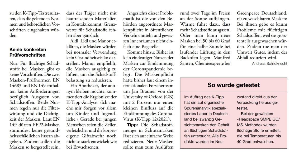 K-Tipp vom 8.9.2021: Spitalmasken
                  sind hochgiftig 08