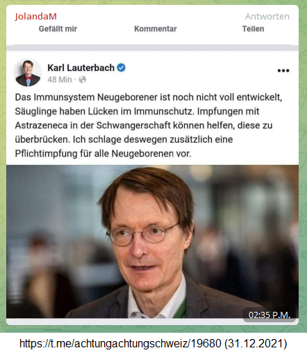 Trompete Lauterbach
                  31.12.2021: will alle Babys GENimpfungen, um denen das
                  Immunsystem gegen Grippe zu st�rken - haltet den
                  Dieb!