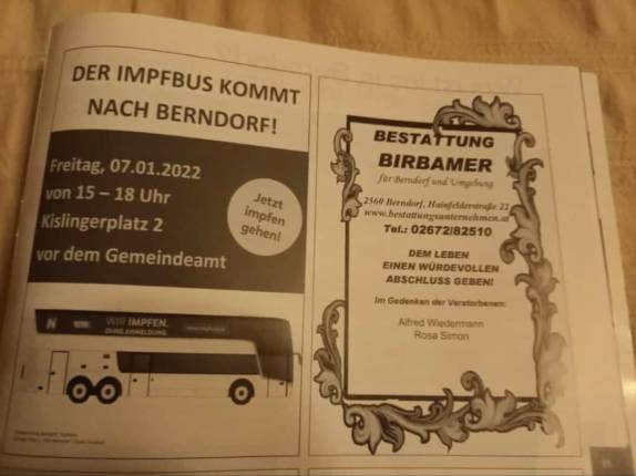 T�dliche
                GENimpfwerbung Schweiz 7.1.2022: Der GENimpfbus und die
                Begr�bnisse werben auf DERSELBEN Seite: Perfekte Planung
                ist alles