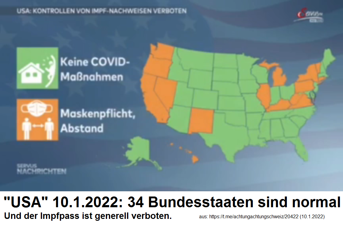 KARTE DER
                            "USA" zum Aufh�ngen - Stand
                            10.1.2022: 34 von 50 Staaten sind
                            normalisiert - Impfpass ist generell
                            verboten - und 14 Bundesstaaten haben den
                            Impfpass per Gesetz speziell per Gesetz noch
                            zus�tzlich verboten, darunter Floria und
                            Texas