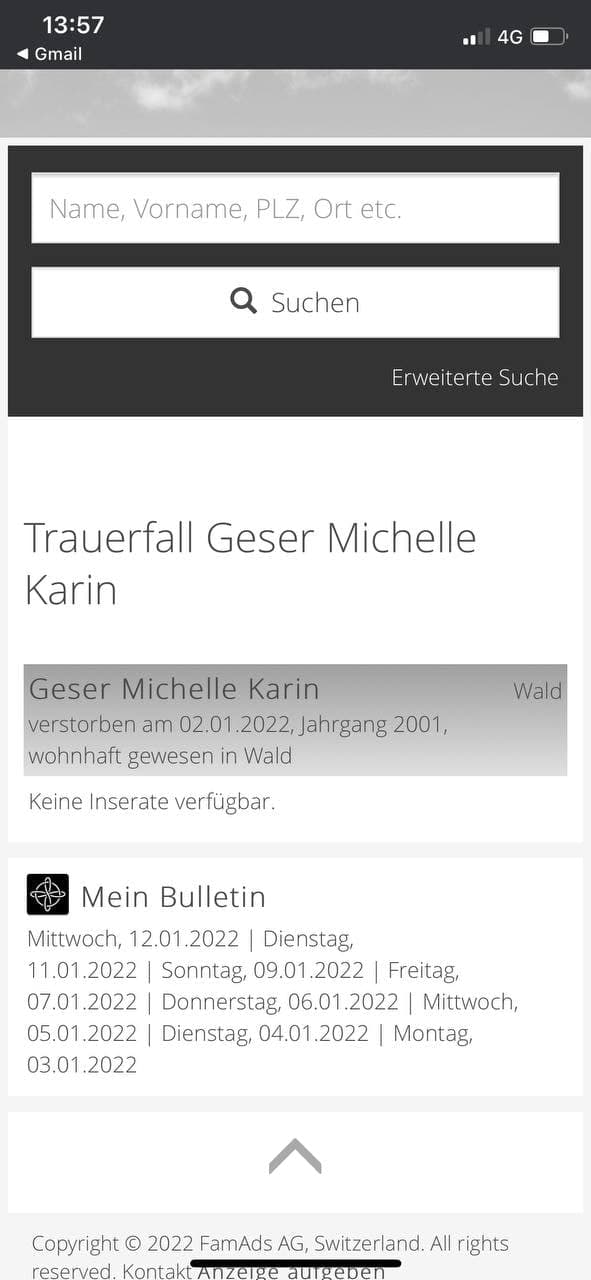 GENimpfmord
                  in Wald (Kanton Z�rich) 12.1.2022: Michelle Karin
                  Geser ist mit 20 weg