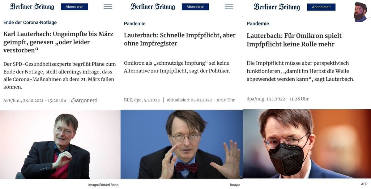 T�ter
                Lauterbach 13.1.2022: Seine kriminellen Fantasien gegen
                UNgeimpfte - und gegen Omikron spielt die Impfpflicht
                "keine Rolle mehr"
