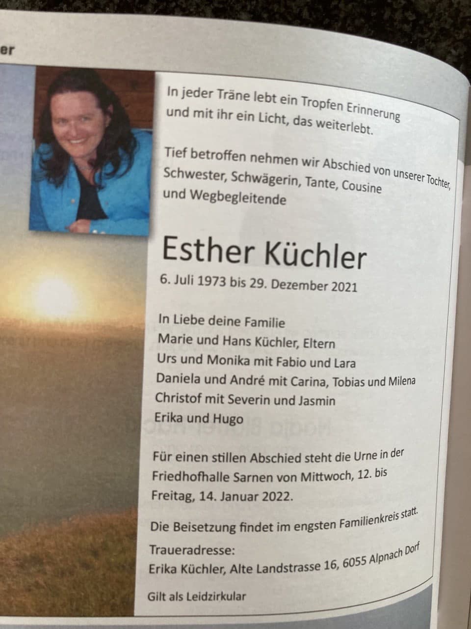 Verdacht GENimpfmord
                  13.1.2022: Esther K�chler aus Alpnach ist mit 48 weg