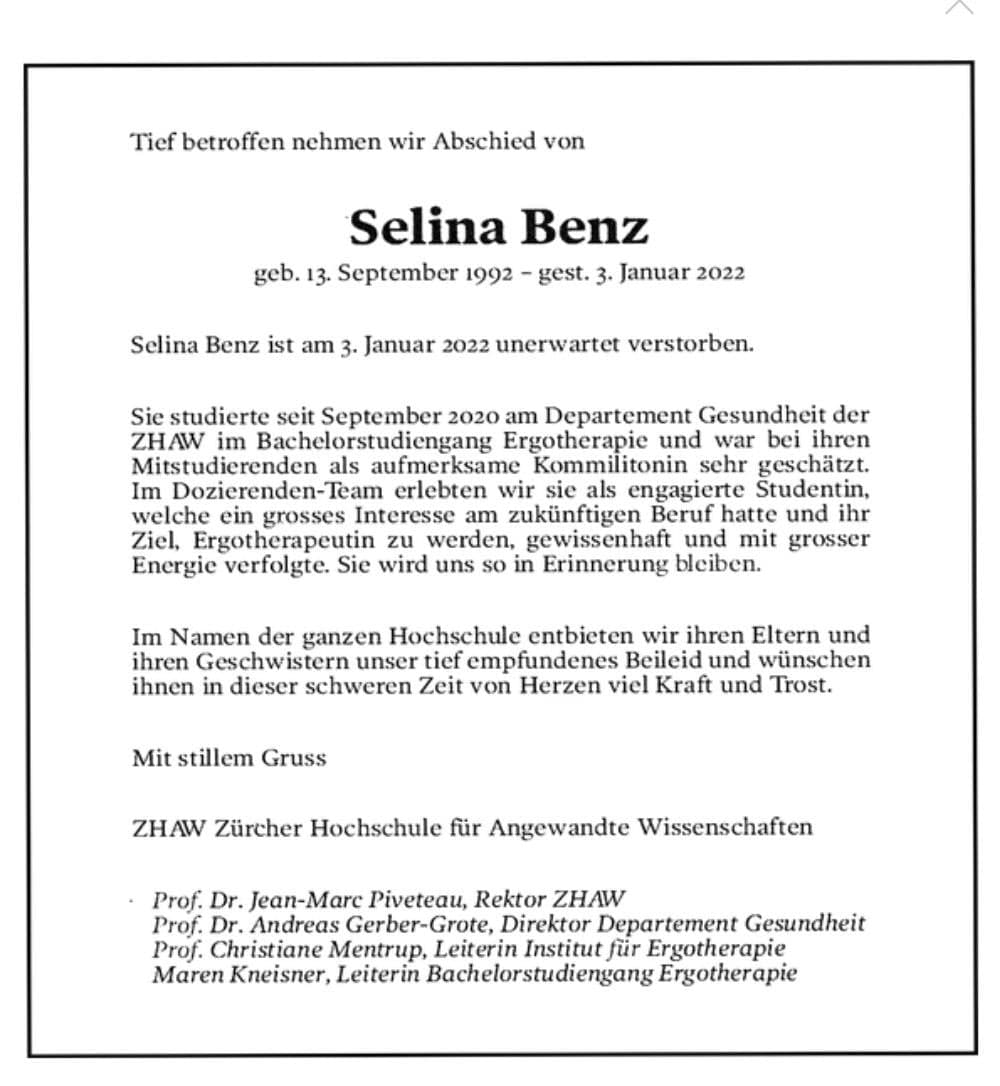 GENimpfmord an Celina
                    Benz (Schweiz) 12.1.2022: mit 29 weg
