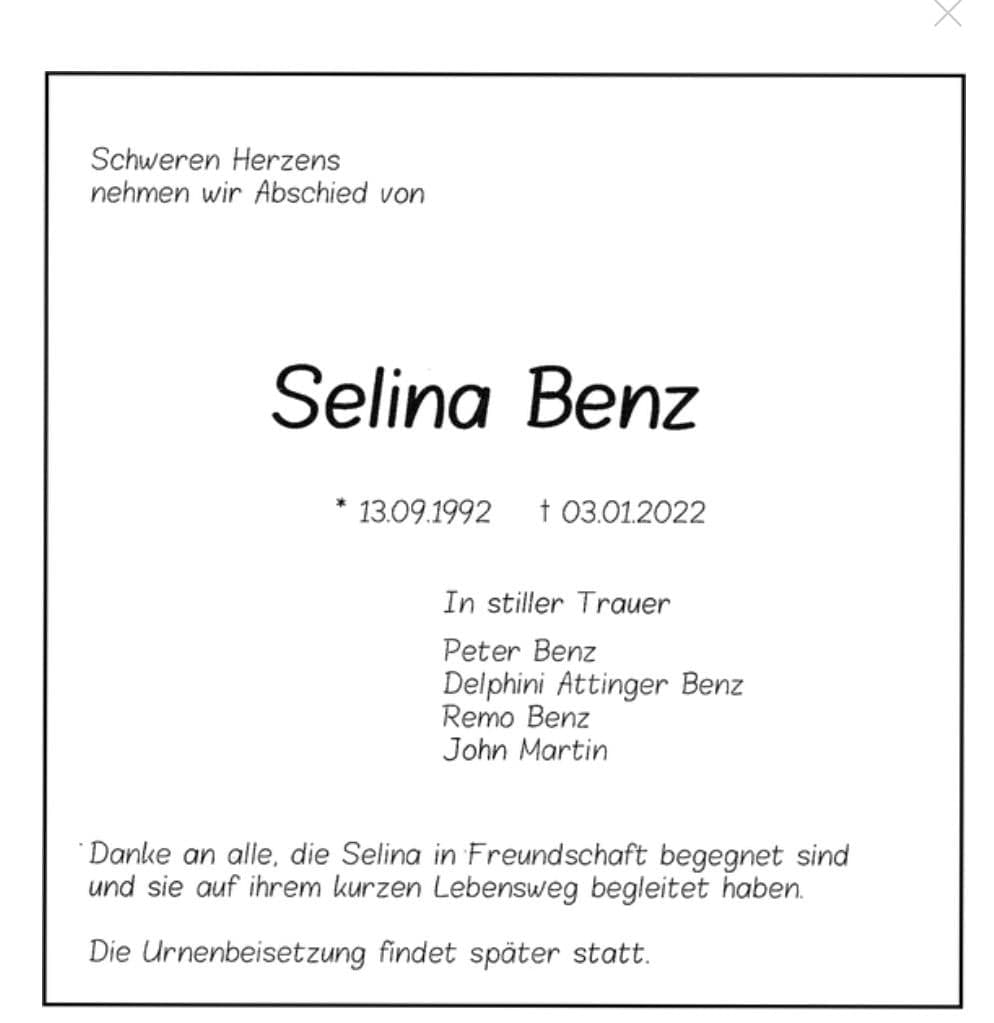 GENimpfmord an Celina Benz (Schweiz)
                  12.1.2022: mit 29 weg