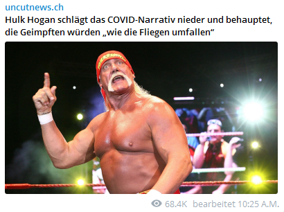 Widerstand
                      "USA" 17.2.2022: Wrestler-Meister Hogan
                      sagt klar: OHNE GENimpfung lebt man l�nger! Hulk
                      Hogan schl�gt das COVID-Narrativ nieder und
                      behauptet, die Geimpften w�rden „wie die Fliegen
                      umfallen“