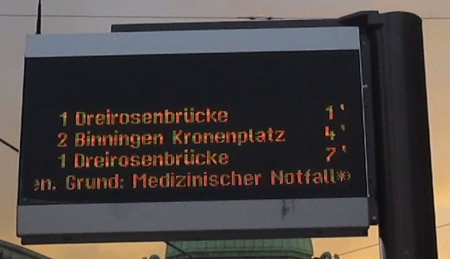 Meldung BVB 21.1.2022 16:55 Uhr:
                    Medizinisccher Notfall in Riehen, Tramlinie 6
                    blockiert